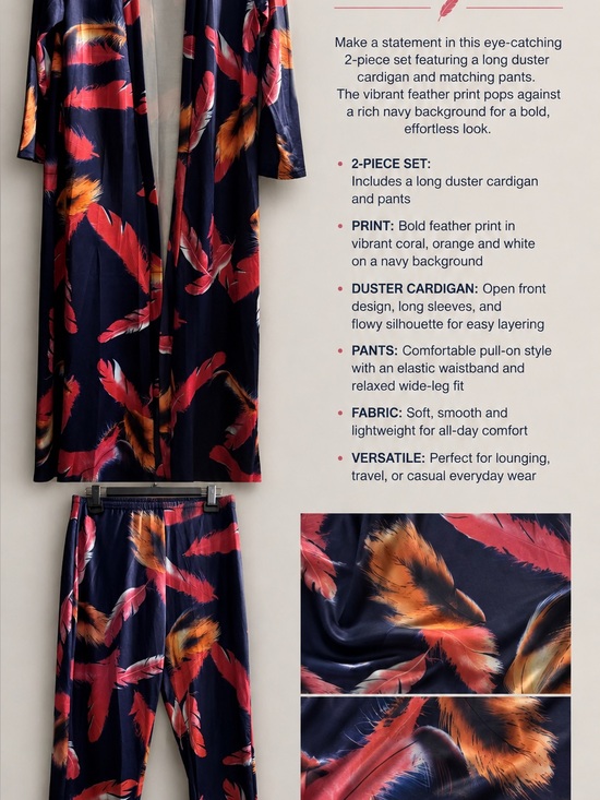 Pants - Navy Feather-Print pant with Long Duster Cardigan